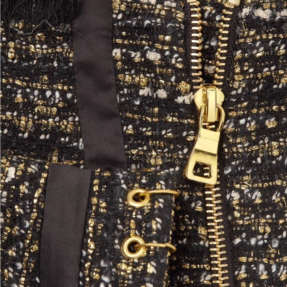 RAMY BROOK Rhonda Tweed Zip-Front Mini Skirt Gold Zipper Hardware Size‎ 8 Black - Picture 5 of 15